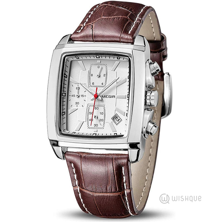 MEGIR Business Analog Chronograph Luminous Rectangle Watch Brown ML2028GBN-7