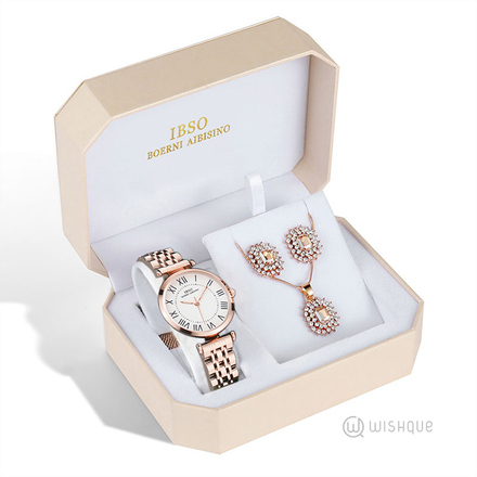 IBSO Ladies Quartz Stainless Steel Rose Gold Watch And Jewelry Gift Set 3663