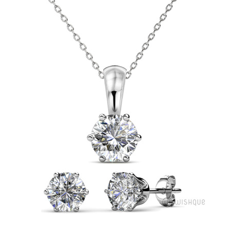 White Kristine Stone Pendant And Earrings  With Cloe Crystals White-Gold Plated