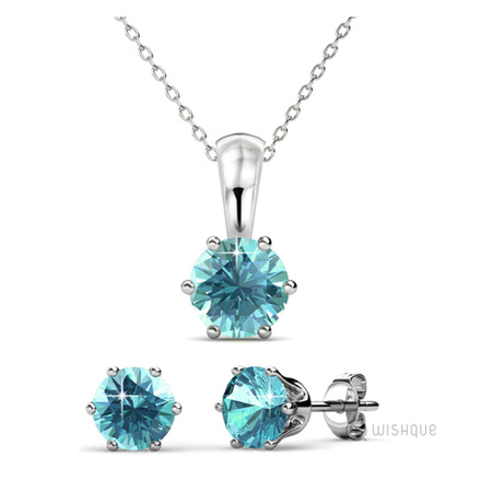 Aquamarine Kristine Pendant And Earrings With Cloe Crystals White - Gold Plated