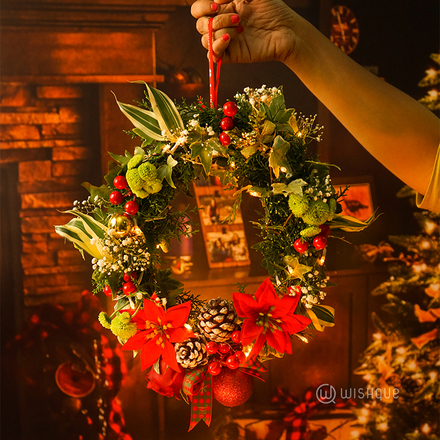 Christmas Fresh Flower Door Wreath with Fairy Lights