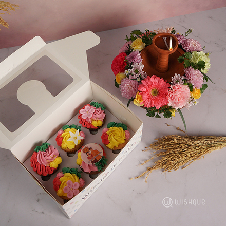 Traditional Clay Lamp Pot  Fresh Flowers With Cupcake Box of 6