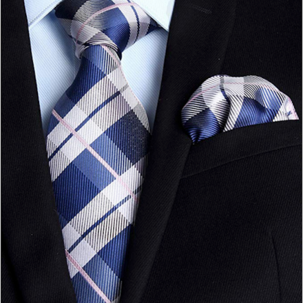 HISDERN Men's Business Tie Plaid Check Tie & Handkerchief Set Gray & Blue