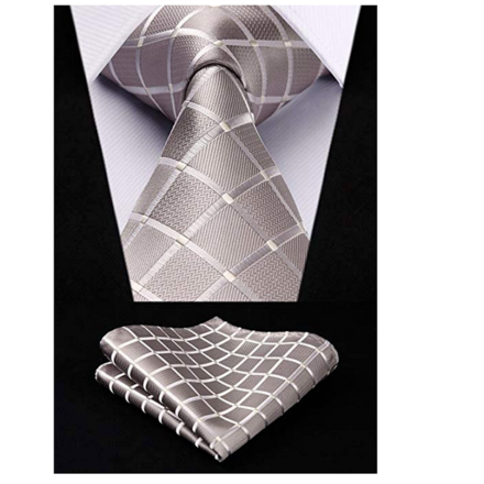 HISDERN Men's Business Tie Plaid Check Tie & Handkerchief Set Beige