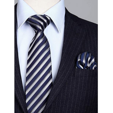 HISDERN Men's Business Tie Plaid Check Tie & Handkerchief Set Navy Blue & Silver
