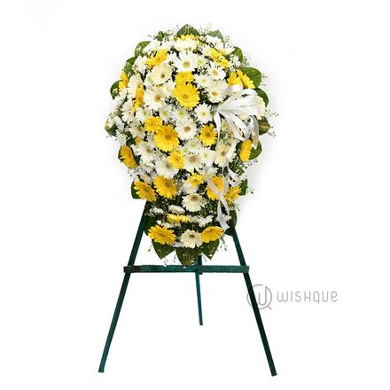 White & Yellow Gerberas Funeral Standing Wreath