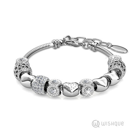 Heart Beads Bracelet With Swarovski Crystals White-Gold Plated