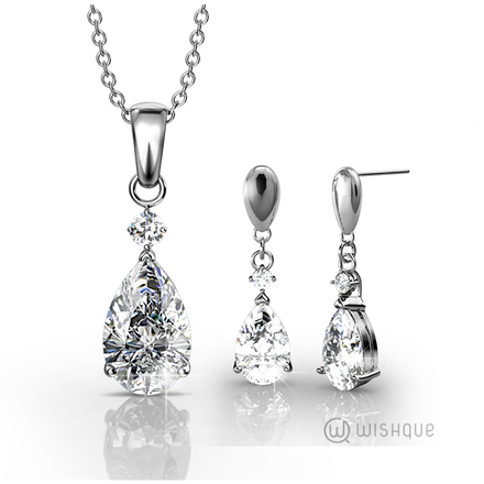 Dew Drop Pendant And Earrings Set With Cloe Crystals White-Gold Plated