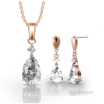 Dew Drop Pendant And Earrings Set With Swarovski Crystals Rose-Gold Plated