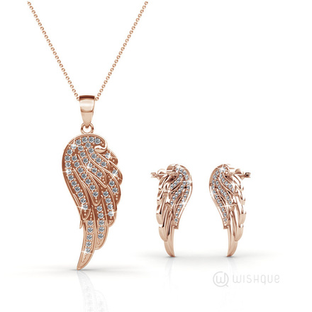 Angel Wings Pendant And Earrings Set With Swarovski Crystals Rose-Gold Plated