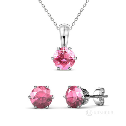 Pink Tourmaline Birthstone Pendant And Earrings Set With Swarovski Crystals