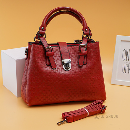 Classy Wine-Red Front Buckle Check Design Handbag