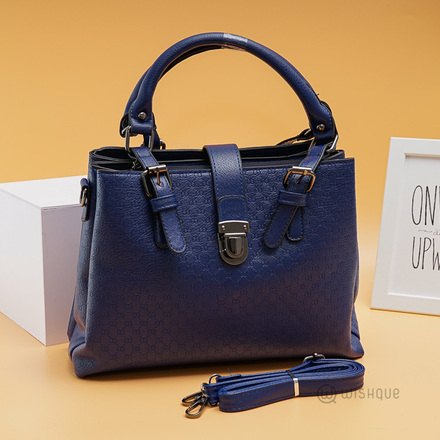Classy Blue Front Buckle Check Design Handbag