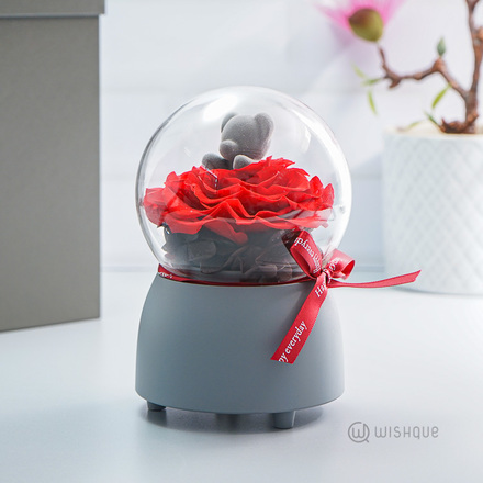 Huggy Bear With An Eternal Rose Rotate Musical Globe