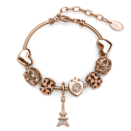 Sparkly Eiffel Beads Bracelet With Swarovski Crystals Rose-Gold Plated