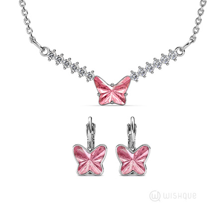 Pink Butterfly Pendant And Earring Set With Swarovski Crystals White-Gold Plated