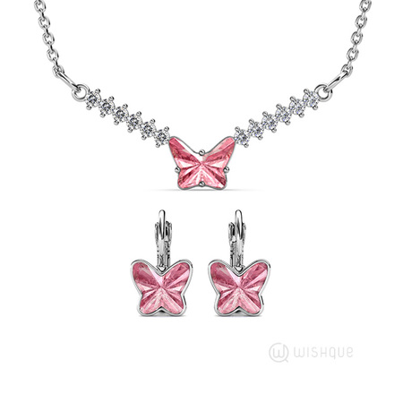 Pink Butterfly Pendant And Earring Set With Cloe Crystals White-Gold Plated