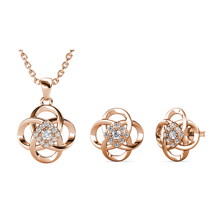 Floral Knot Pendant And Earrings Set With Cloe Crystals Rose-Gold Plated
