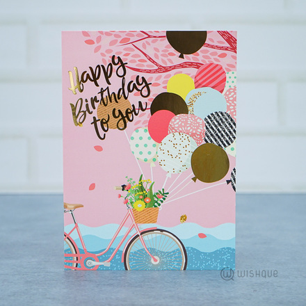 Cycling With Balloons Happy Birthday Gold Foil Greeting Card