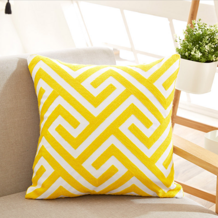 Nordic Style Embroidered Cotton Cushion Diagonal Yellow Stripes