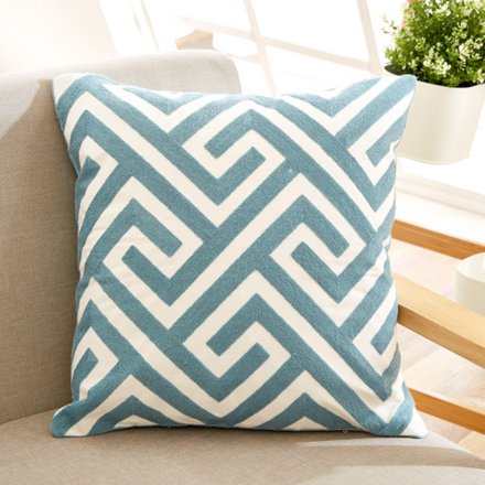 Nordic Style Embroidered Cotton Cushion Diagonal Blue Stripes