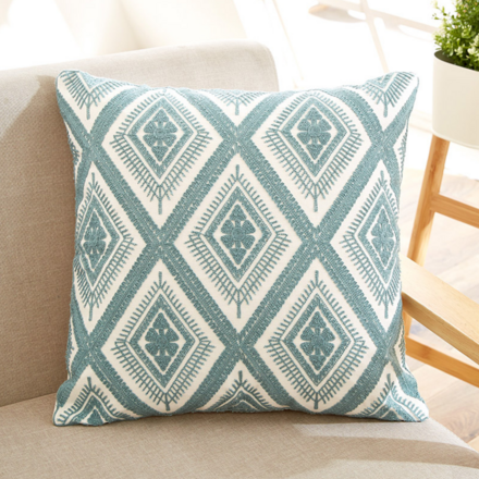 Nordic Style Embroidered Cotton Cushion Floral Blue Stripes
