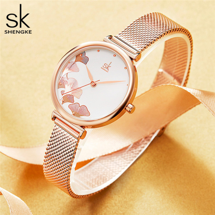 SK SHENGKE Ladies Stainless Steel Floral Print Rose Gold Jewellery Set K0139