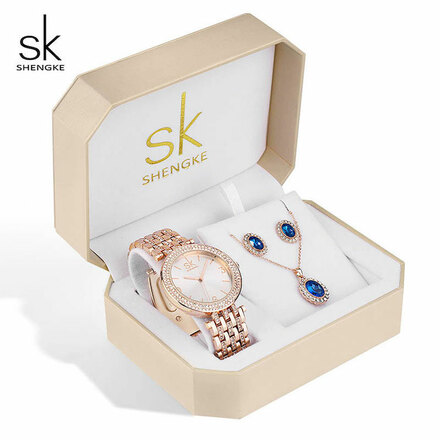 SK SHENGKE Ladies Stainless Steel Blue Stone Rose Gold Jewellery Set SK011-Blue