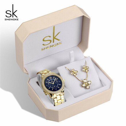 SK SHENGKE Ladies Stainless Steel Blue Dial Daisy Jewellery Set SK0098