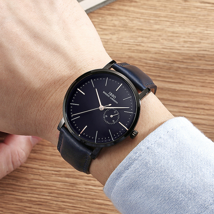 IBSO Quartz Men's Navy Blue Leather Watch-8816G-Navy Blue