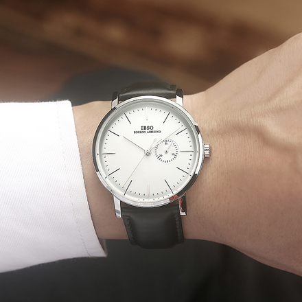 IBSO Quartz Men's Black Leather Watch-8816G-White Dial