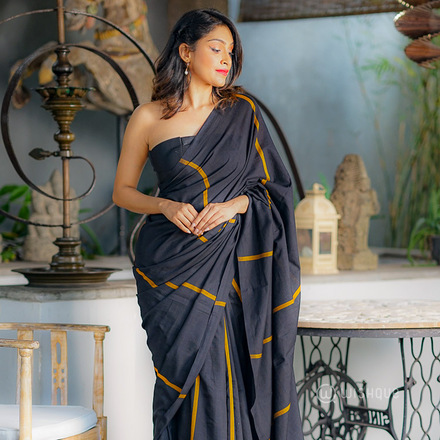 Black and Gold Striped Handloom Saree