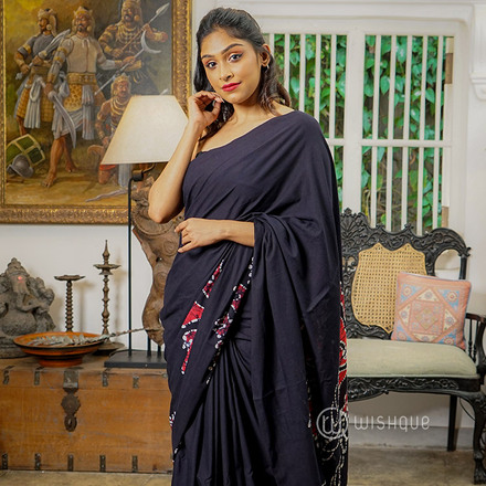 Black and Red Lily Floral Print Super Voil Batik Saree