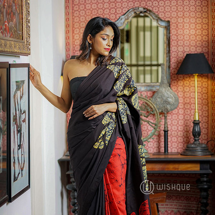 Carnation Red and Yellow Floral Print Super Voil Batik Saree