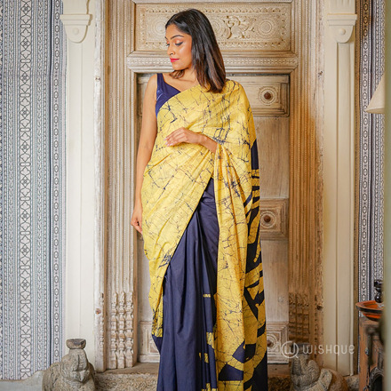 Blue & Yellow Print Cotton Batik Saree