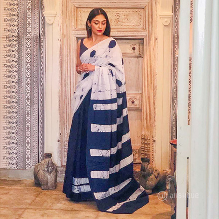 Dark Blue & White Waves Print Super Voil Batik Saree