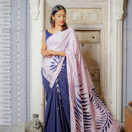 Tropical Leaves In Soft Pink Cotton Batik Saree
