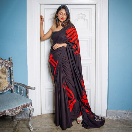 Black & Red Tropical Leaves Cotton Batik Saree