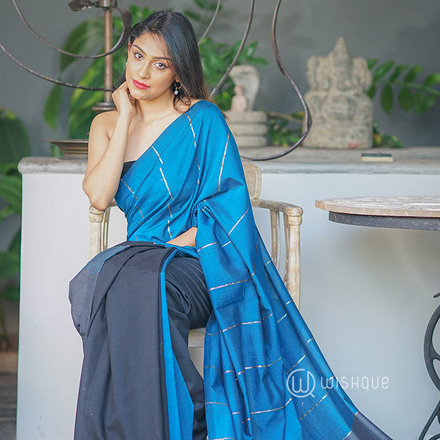 Blue & Black Handloom Saree with Silver Strips