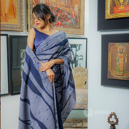 Abstract Lines Dark Blue & Gray Print Cotton Batik Saree