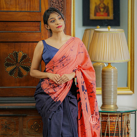 Dark Blue & Coral Print Cotton Batik Saree