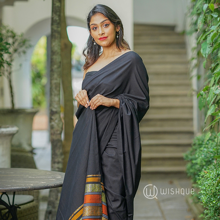 Black and Orange Striped Border Handloom Saree