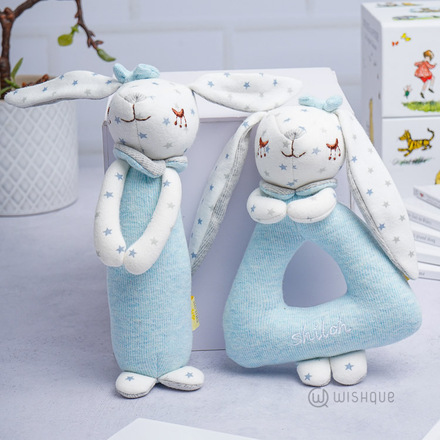 Cute Couple Rabbit Rattle Plush Toy Set - Blue